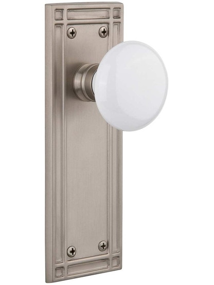 Mission Door Set with White Porcelain Knobs in Satin Nickel.